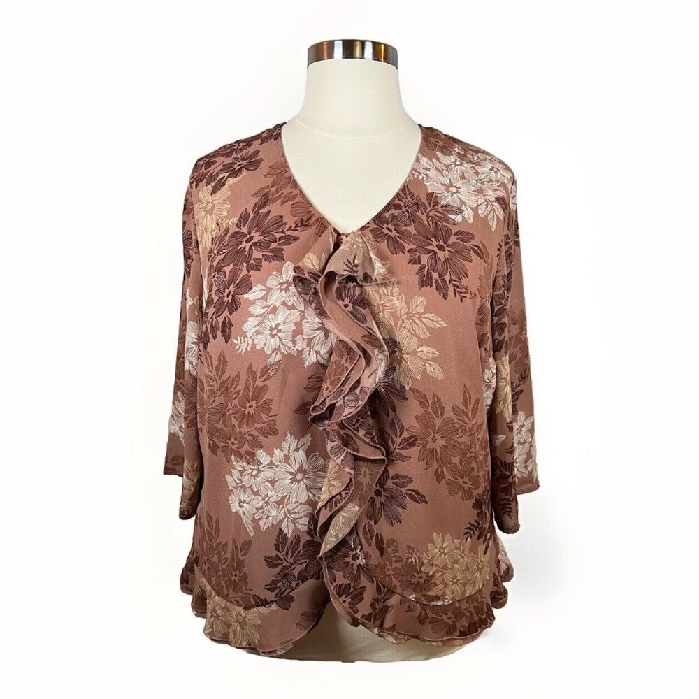 Cato Tunic Blouse Women’s Size 18/20 Brown Floral Long Sleeve Ruffle V-Neck Boho - Picture 1 of 13
